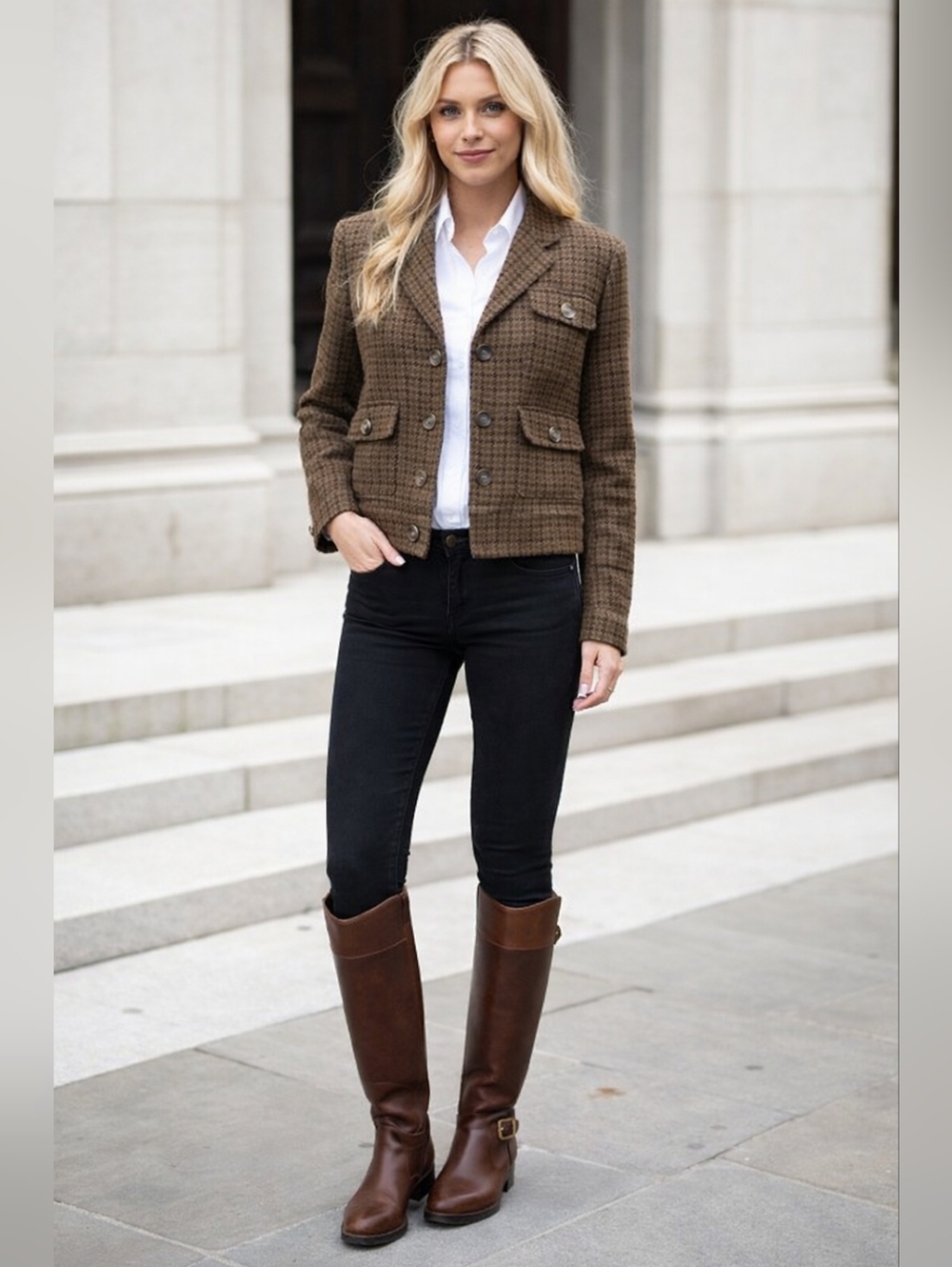 Lauren Ralph Lauren Olive Houndstooth Cropped Blazer 100% Wool